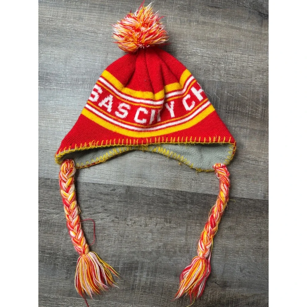 NFL Team Apparel Kids Kansas City Chiefs Knit Trapper Hat Pom Beanie Red Yellow